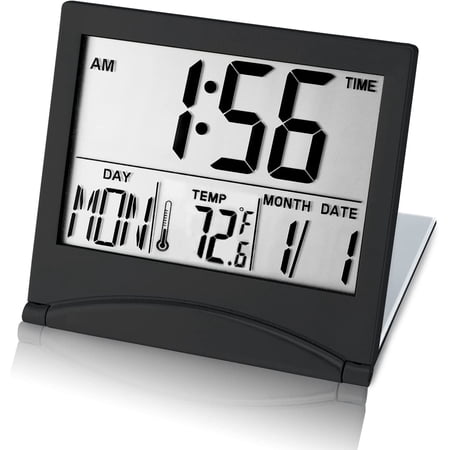 Small Digital Travel Alarm Clock Battery Operated, Portable Large Number Display Alarm Clock with Date & Temperature,12/24 H Small Desk Clock-Black(No Light)