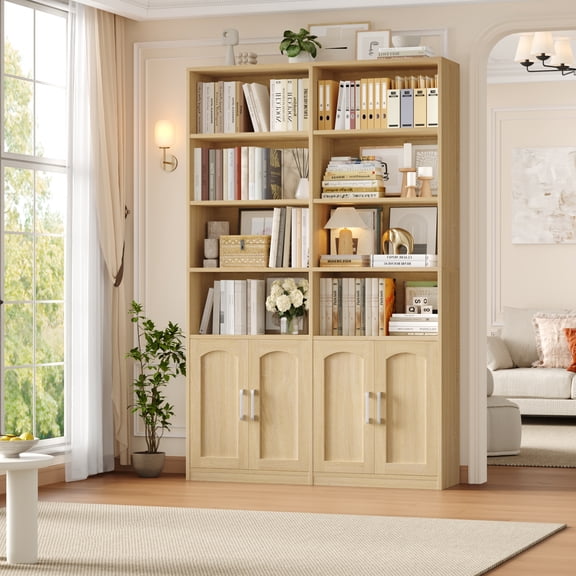 Homfa 73 Tall Bookcases with Doors, 8 Cubes 6-Tier Double Row Bookshelf, Bookcase for Living Room Home Office, Light Oak