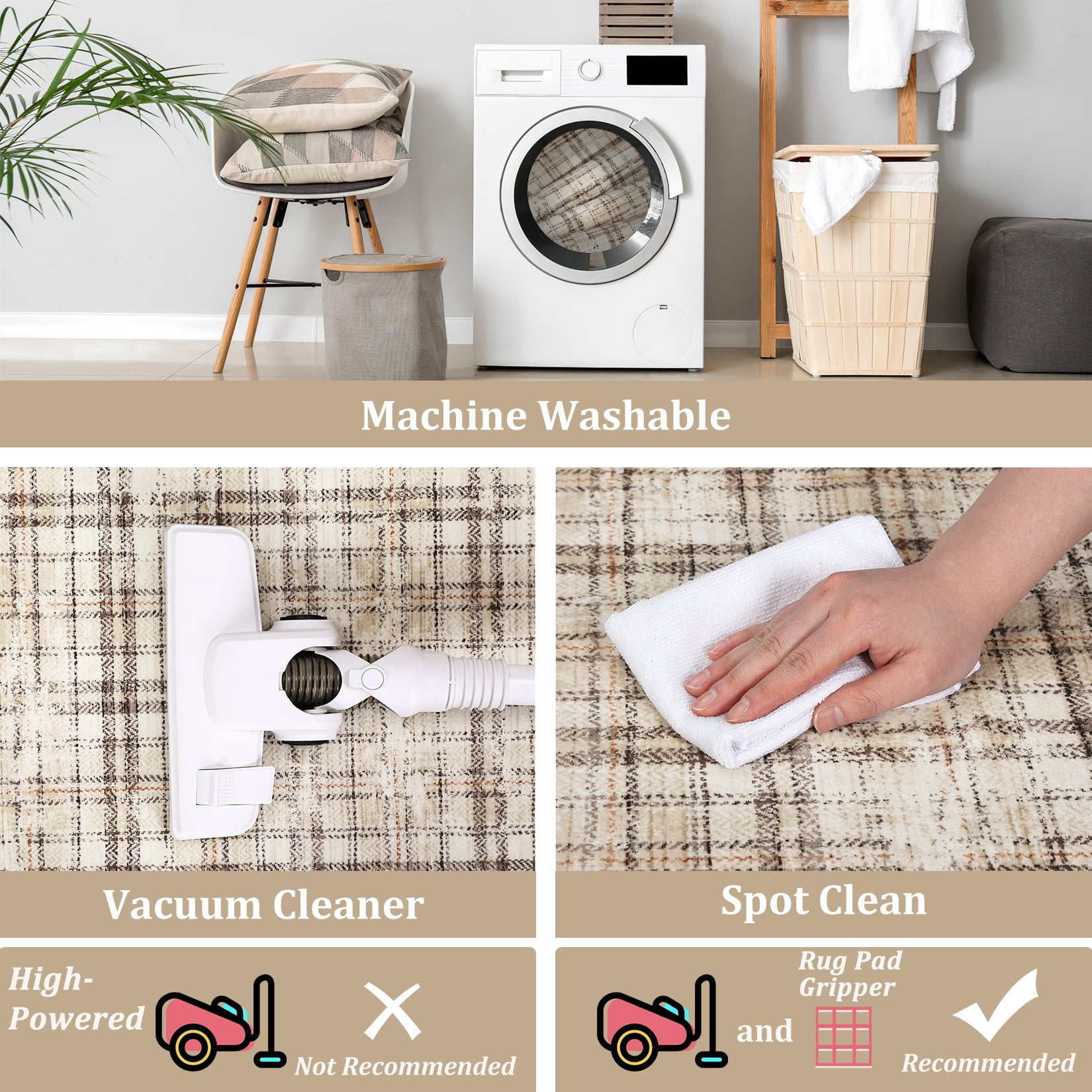 Garvee Washable Rug 6x9 Modern Plaid Area Rug, Non Slip Stain Resistant Rug Geometric Carpet for Living Room Bedroom Home Office, Beige