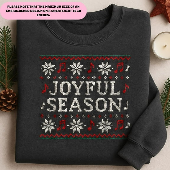Embroidered Joyful Season Sweatshirt, Ugly Christmas Sweater, Holiday Music Notes Crewneck, Festive Winter Gift, Charcoal Gray Top