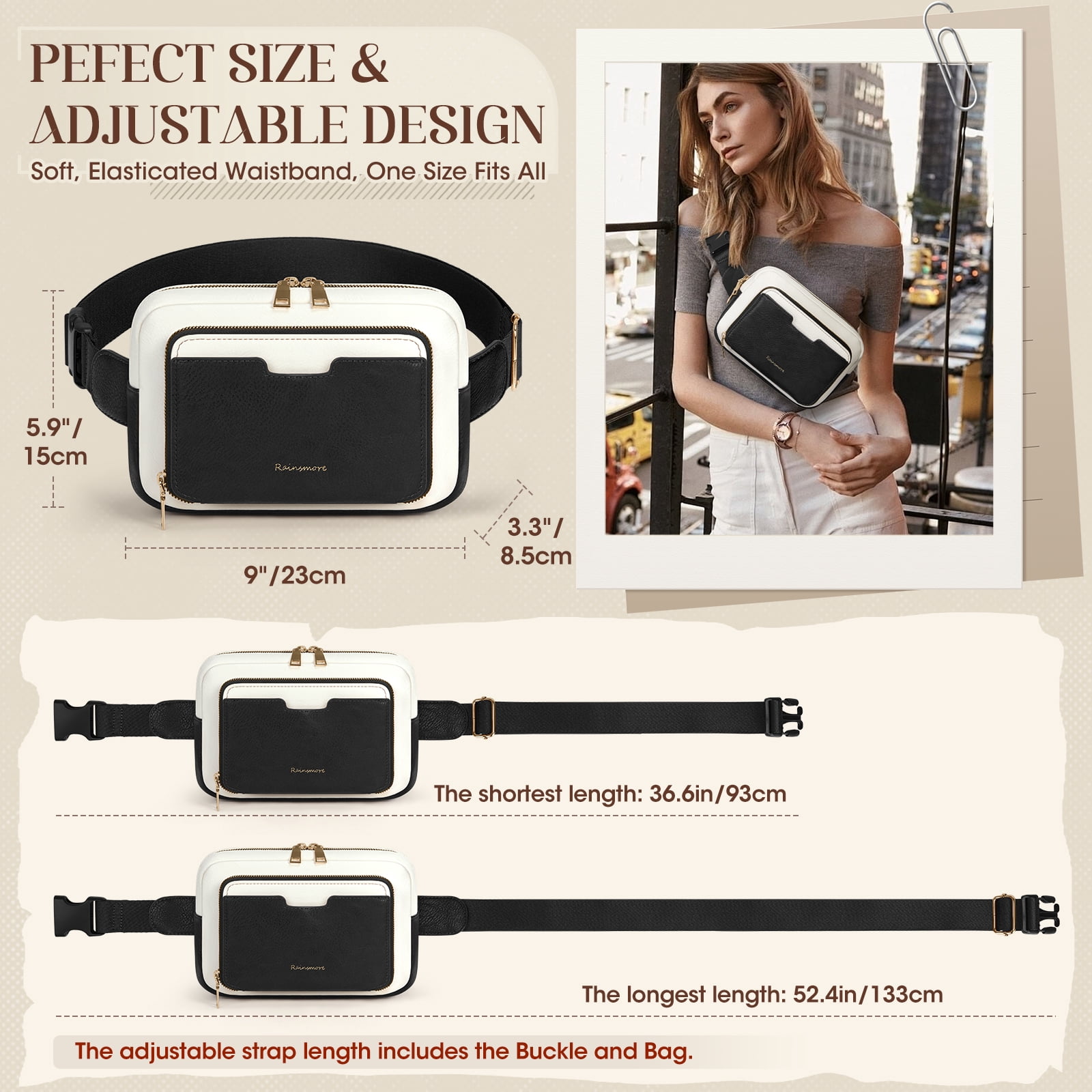 RAINSMORE Fanny Packs for Women, Leather Belt Bag Waterproof Everywhere Crossbody Waist Pack with Adjustable Strap Retro Sling Chest Bag for Work Running Travel Party,Black&White