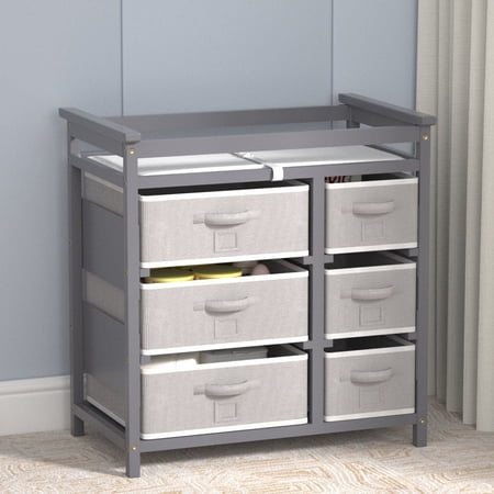 XJD Modern Baby Changing Table with 6 Storage Drawers and Pad Baby Changing Station, Diaper Changing Station - Gray
