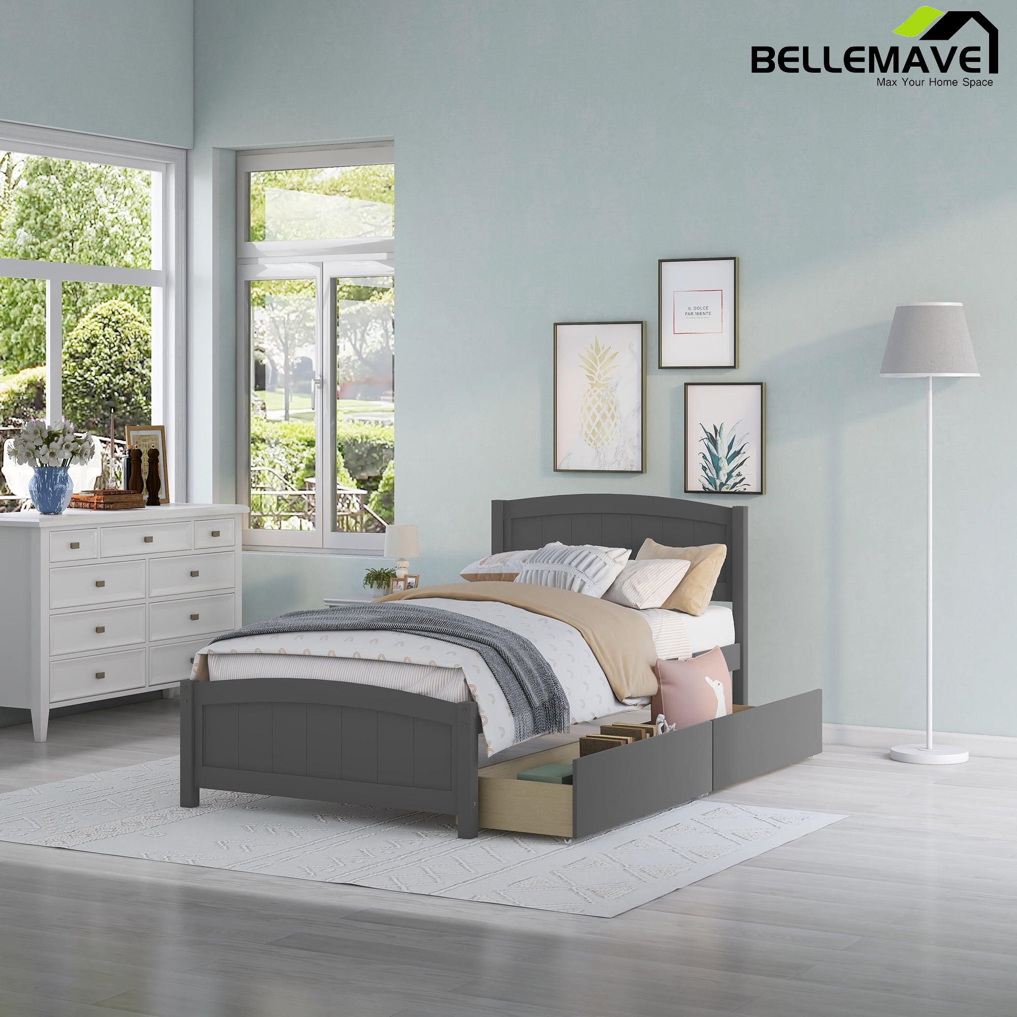 Twin Platform Bed Frame with Storage Drawer, Twin Bed Frames with Headboard and Slats, Twin Size Platform Bed Frame(Gray)
