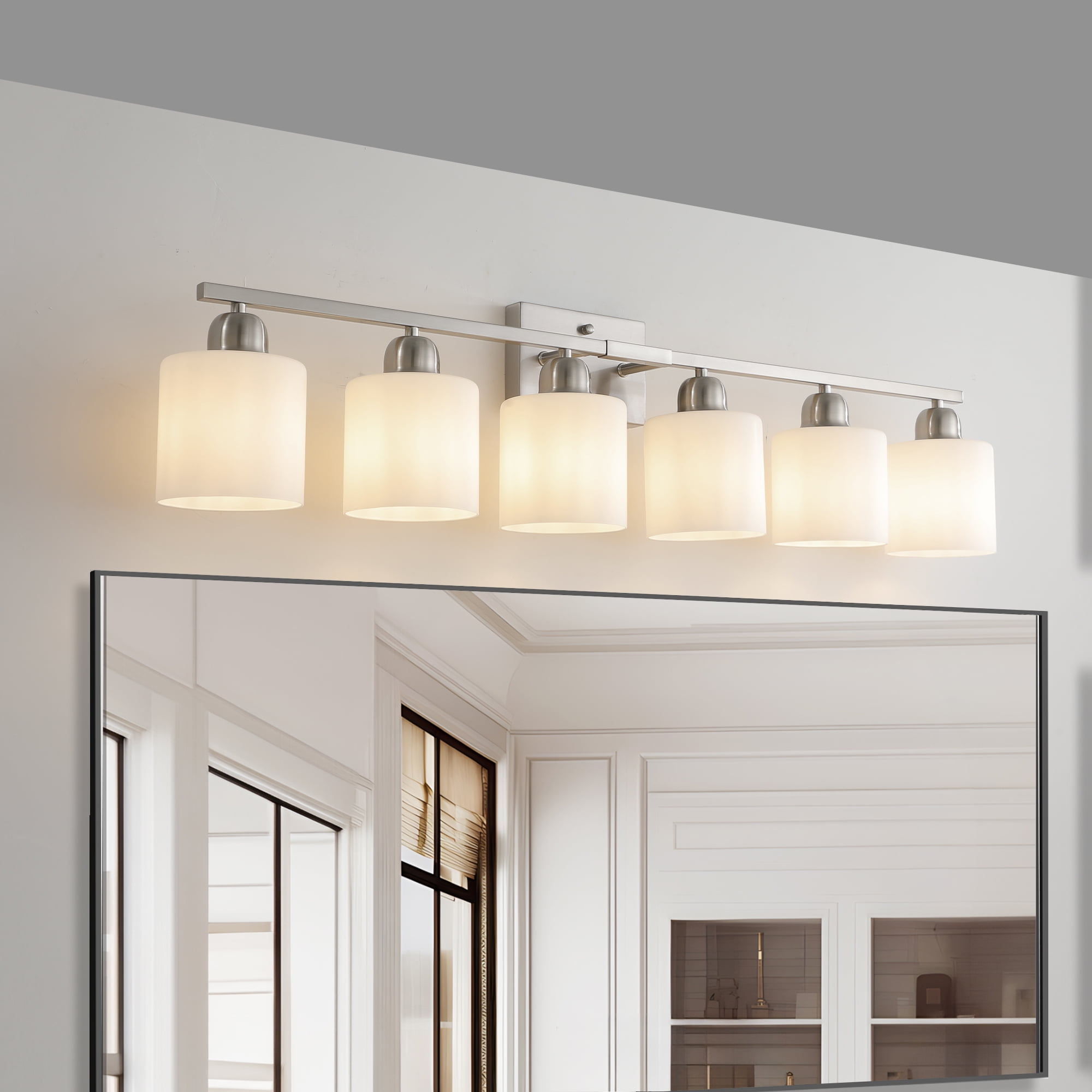 Jopath 6-Light Modern Vanity Light Over Mirror, Wall Sconces with Milky White Frosted Glass Shades for Bathroom, Hallway, or Bedroom Nickel (Bulbs Not Included)