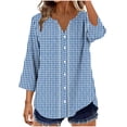 thumbnail image 2 of Fewfanhot Women Gingham Plaid 3/4 Sleeve Blouse, Notched V‑Neck Button Front Tunic Top, Loose Fit Casual Shirt for Ladies, 2 of 6