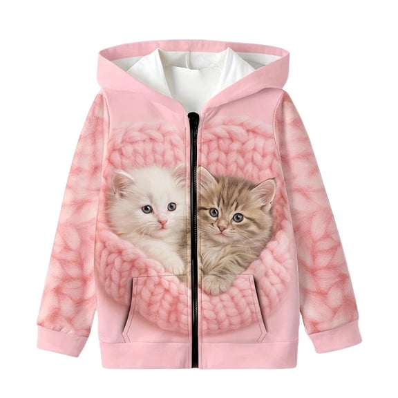Girls Cute Cartoon Cat Print Zip Up Hoodie Jacket, Kids Full Zip Long Sleeve Hooded Coat for Fall Daily Casual Outdoor Wear(Pink2,11-12 Years)