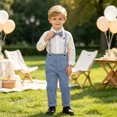 thumbnail image 5 of QTBIUQ Toddler Boys Three-Piece Suit Set Cotton Turn-Down Collar Shirt and Suspender Pants Formal Outfit Set with Bow Tie, 5 of 9