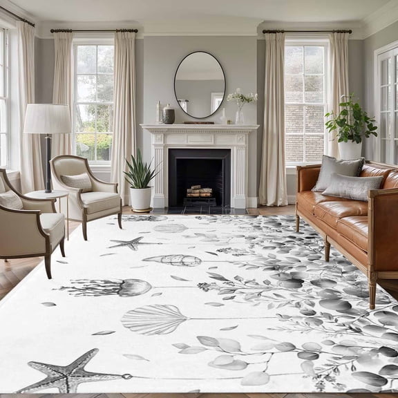 5'x7' Area Rugs, Grey Coastal Indoor Outdoor Area Rug for Living Room Bedroom, Summer Eucalyptus Leaves Beach Ocean Starfish Nautical Washable Bathroom Rugs Kitchen Floor Carpet Mats Home Decor