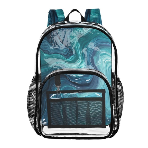 Clear PVC Backpack 12L Transparent Shoulder Bag with Mesh Pockets Dark Blue Ocean Waves