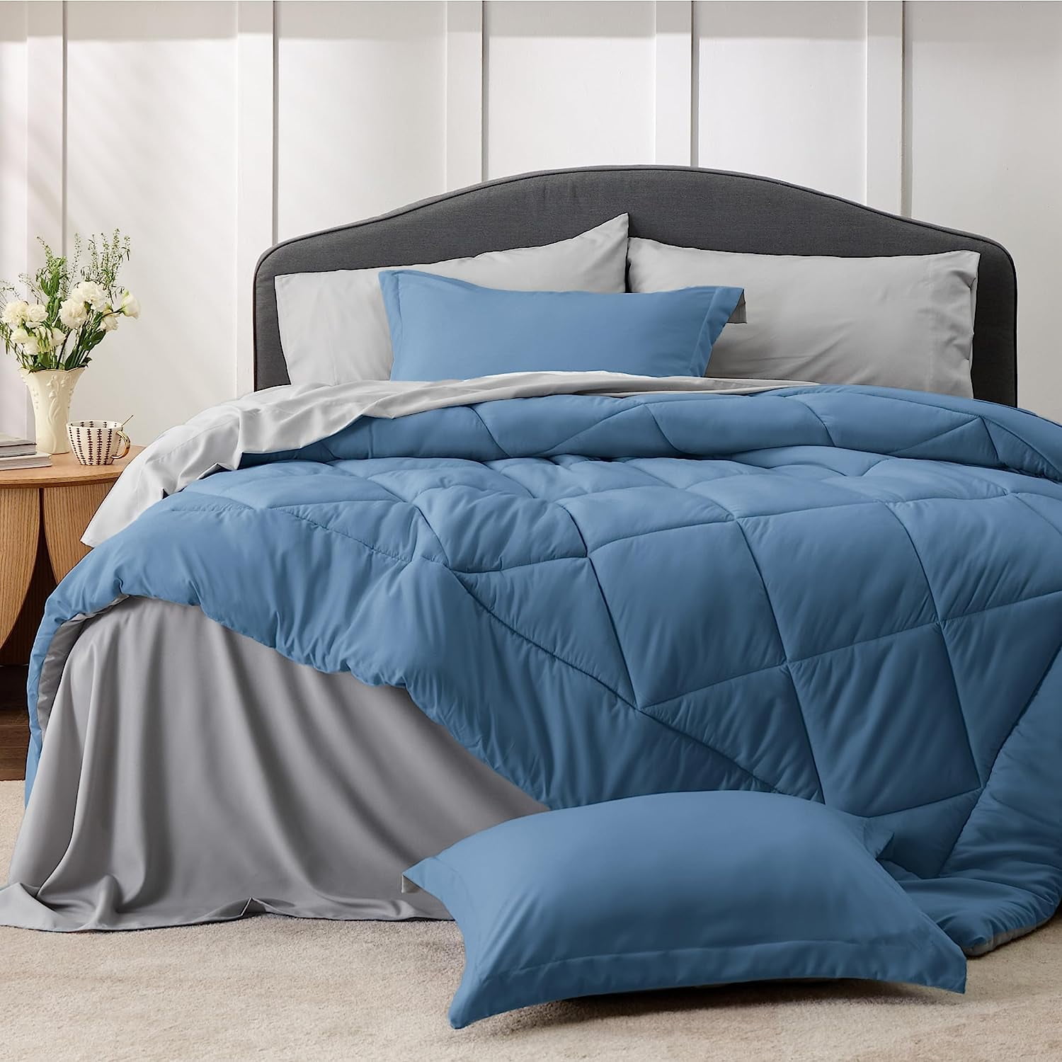 Bedsure Blue Comforter Set Queen - 7 Pieces Reversible Bed In A Bag ...