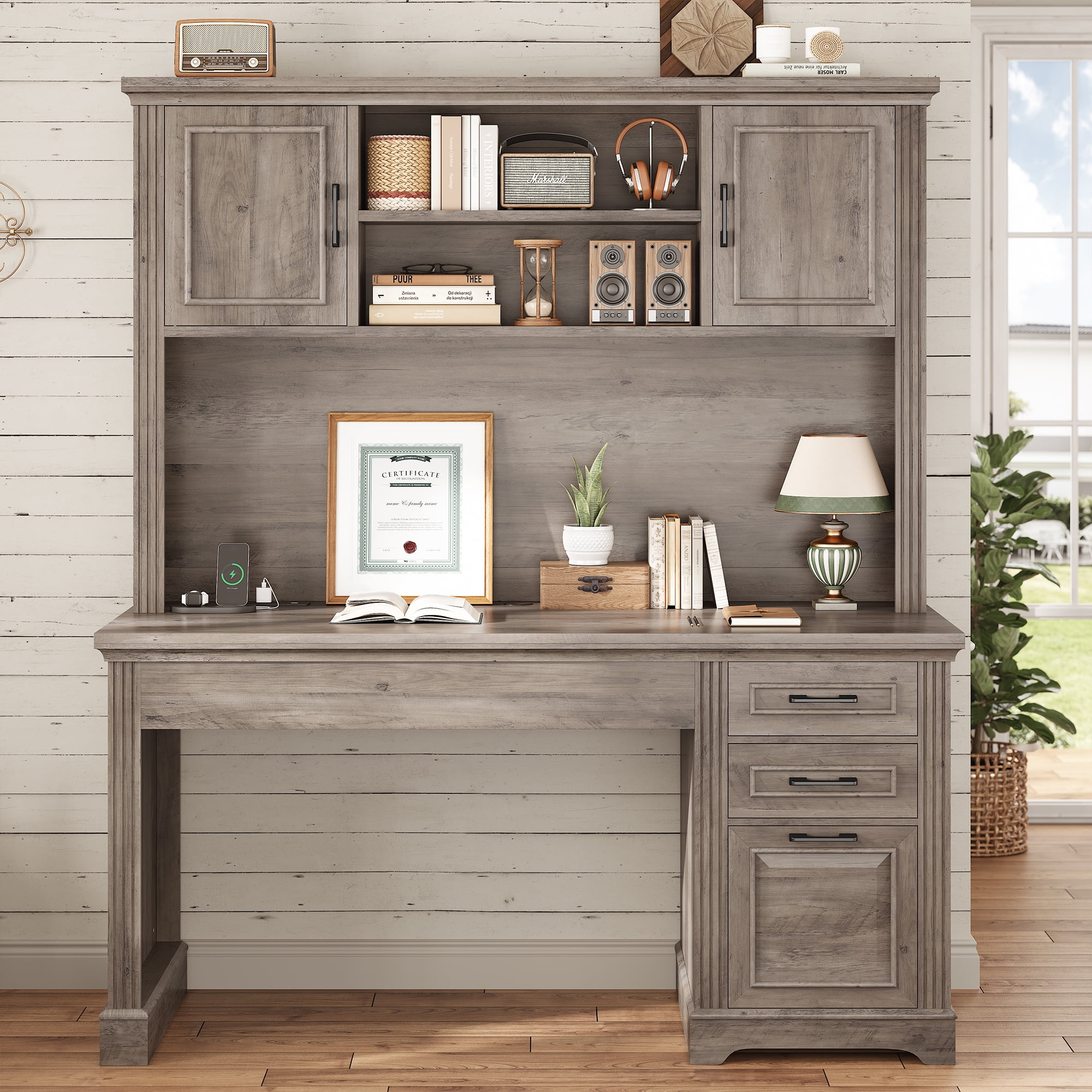 SEDETA 47 Inch Farmhouse Office Desk with Hutch and Drawers, Executive Desk Computer Desk with File Drawer and Cabinets, Large Workstation Traditonal Style Practical table for Home Office, Grey