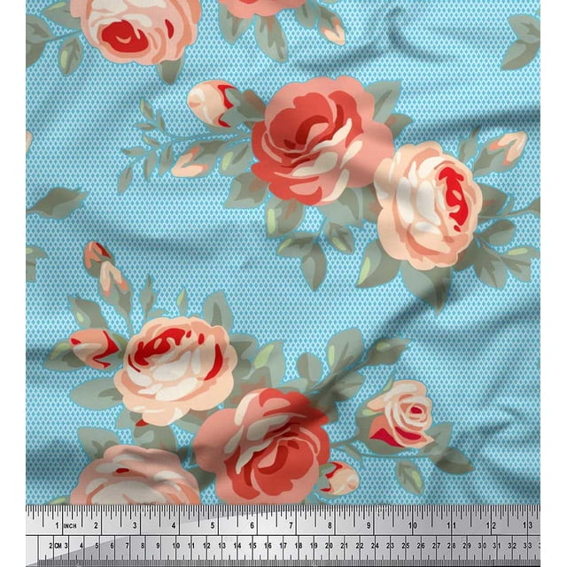 Soimoi Rayon Fabric Check,Leaves & Begonia Floral Decor Fabric Printed Yard 42 Inch Wide