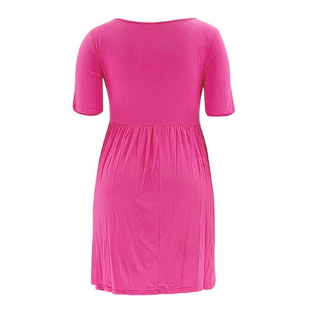 Blphud Fitted Dress for Women Summer Dresses for Women 2024 Casual Dresses Women s Solid Round Neck Short Sleeved Fashionable Casual Loose High Waisted Dress Summer Plus Size Hot Pink XXL