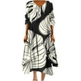 thumbnail image 2 of Drses Women Midi Dress Casual Loose Printed Irregular Buttoned Hem V-Neck 3/4 Sleeve Pleated Summer Dresses, 2 of 5