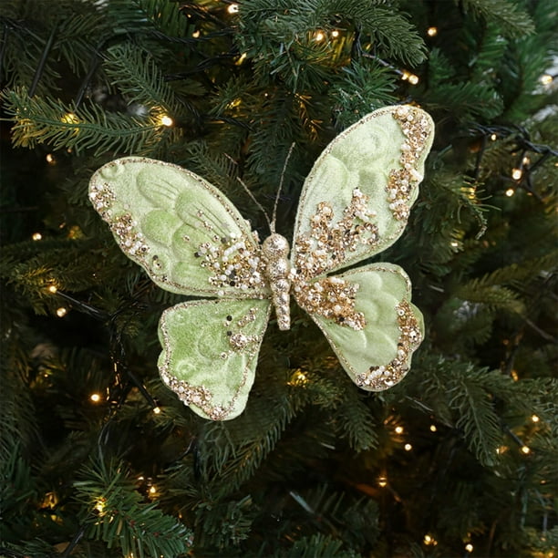 1 pieza de decoración para árbol de Navidad con mariposas brillantes, accesorios con clips, flores de Navidad, decoración para bodas y festivales.