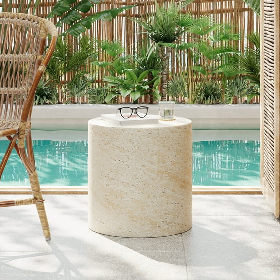 Zayden Outdoor Patio Round Accent Table, Concrete, Beige Travertine