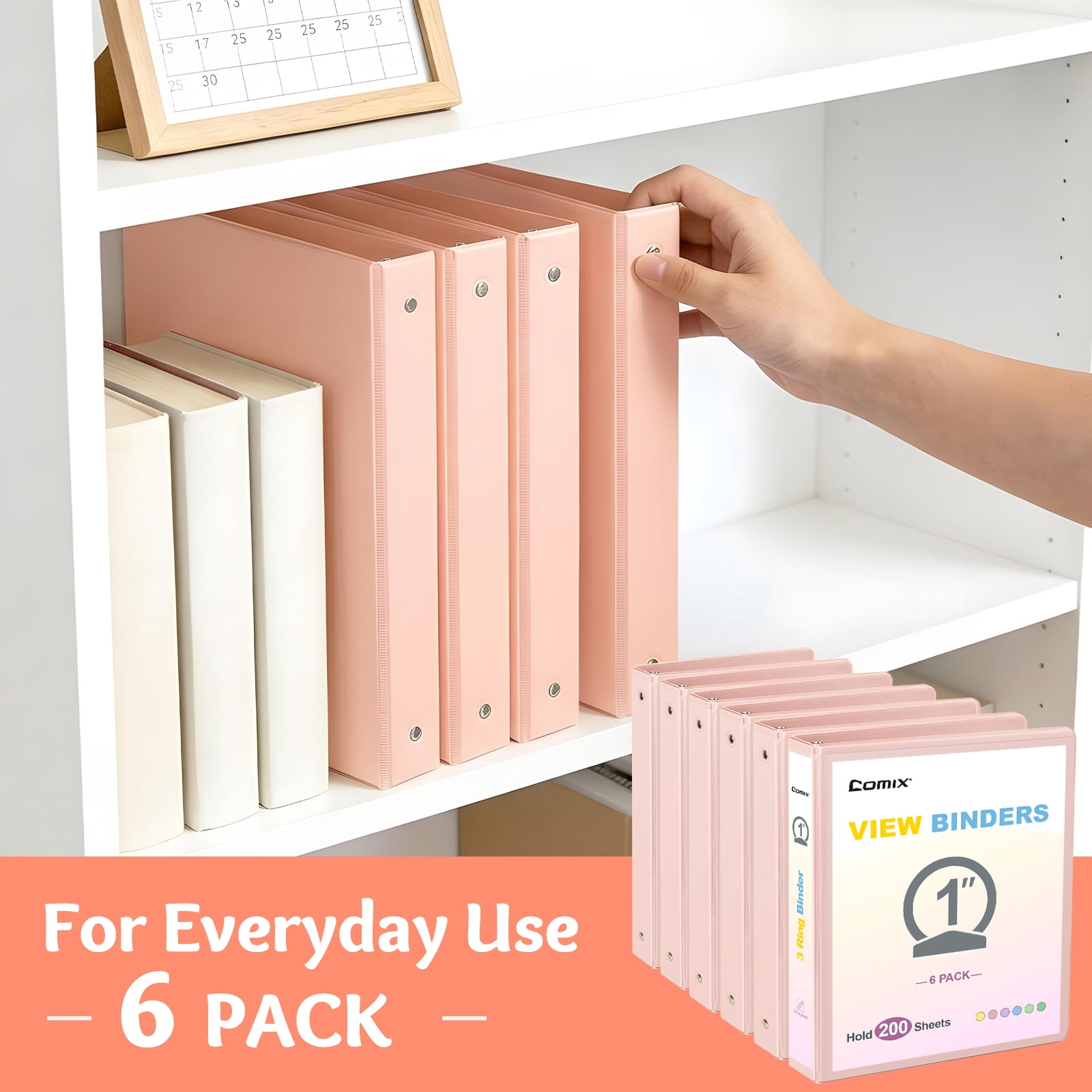 Comix 1 inch 3-ring Binder,Round Ring, 200 Sheets Capacity, 6 Pack Light Pink