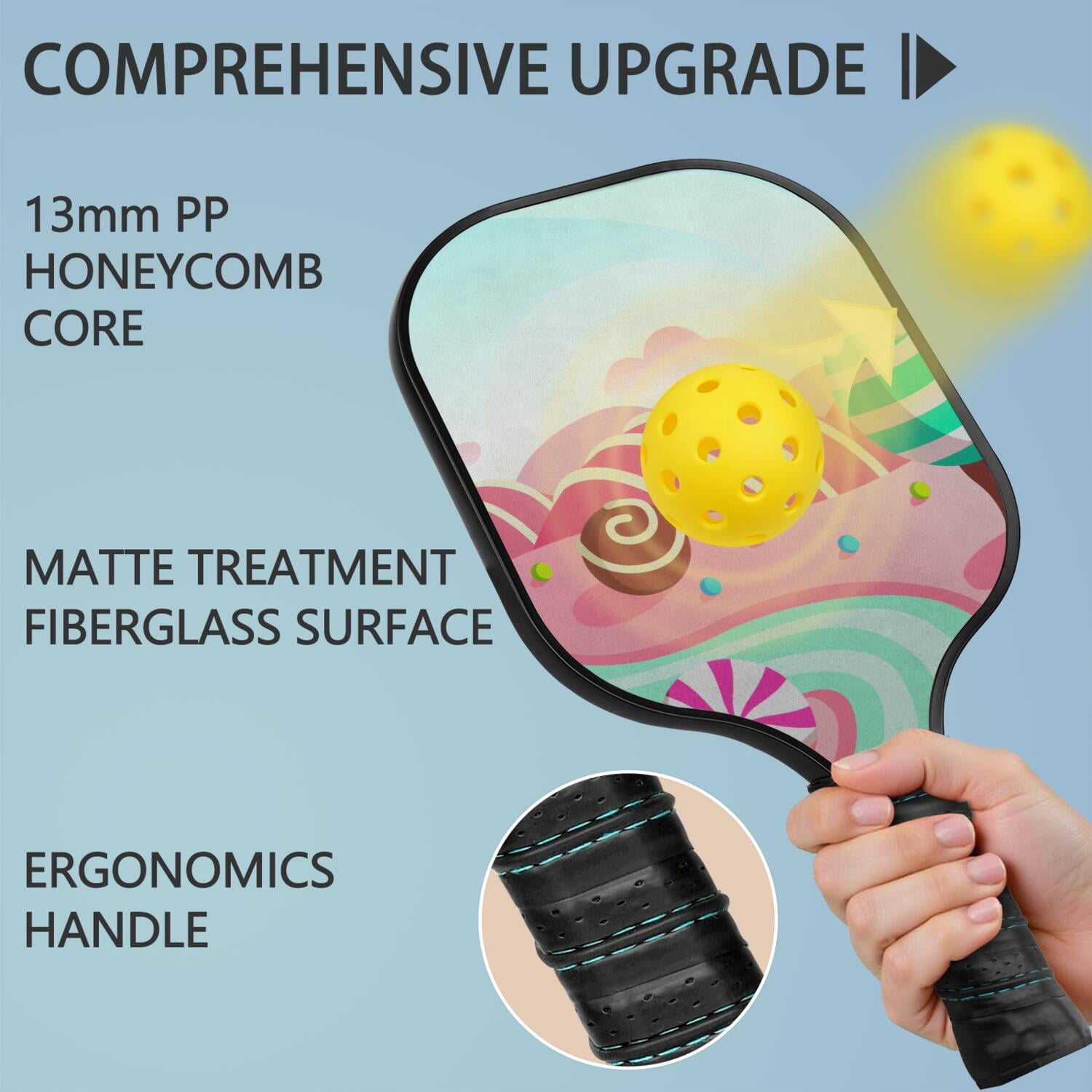 Pickleball Paddles Set Of 2, Fiberglass Surface, Sweet Candy Print, 4 Balls & Bag