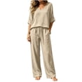 thumbnail image 5 of Floleo Women Solid V-Neck 3/4 Sleeve High-Low Faux Linen Top Drawstring Waist Wide Leg Pants 2 Piece Loungewear Set, 5 of 7