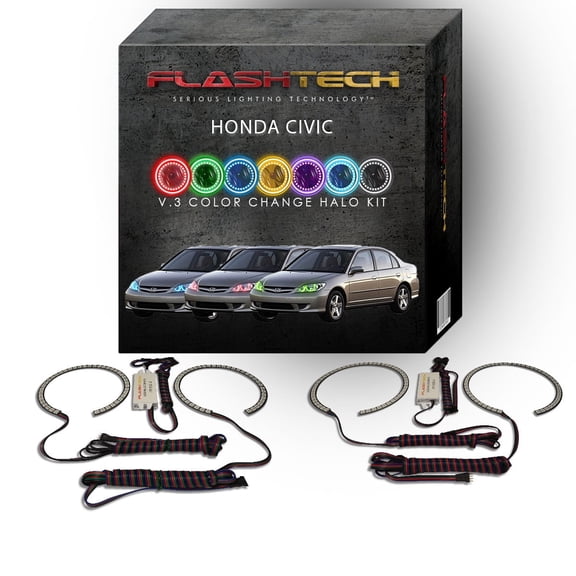 Flashtech RGB Multi Color Changing LED Halo Ring kit for 2004-2005 Honda Civic Headlights