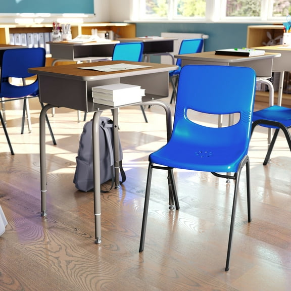 Flash Furniture Student Desk with Open Front Metal Book Box, Walnut Desktop, and Silver Frame and Navy Heavy-Duty Flex Comfort Classroom Stack Chair