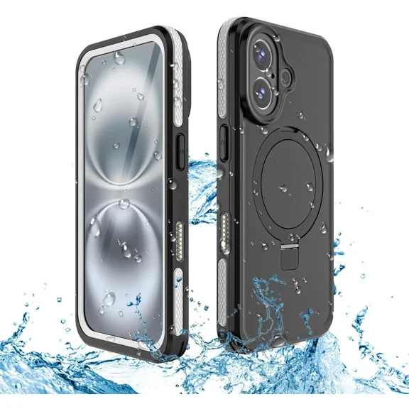 Magnetic Waterproof Case for iPhone 16 [Built-in Ring Invisible Stand & Screen Protector][IP68 Underwater][Dropproof] Shockproof Protective Cover for iPhone 16 6.1"