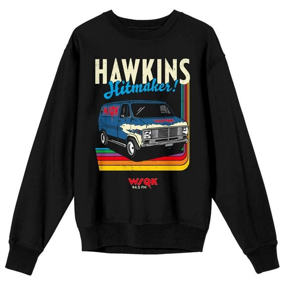 Stranger Things Hawkins Hitmaker Adult Black Crew Neck Long Sleeve Sweatshirt-Medium