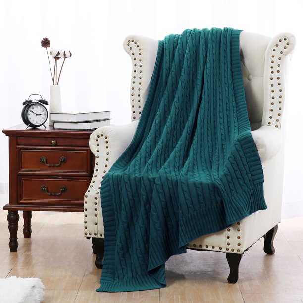 Cotton Knitted Throw Blanket Soft Warm Cable Knit Blanket , Dark Green