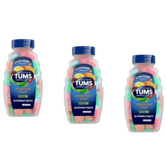 Tums Extra Strength 750 Antacid Chewable Tablets, Assorted Fruit, 96 Ea, 3 Pack