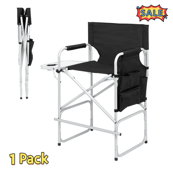 Tcbosik Tall Directors Chair for Outdoor, Foldable Camping Chair with Side Table and Storage Pocket, Portable Chair with Cup Holder for Beach, Lawn, Backyard, Silver & Black