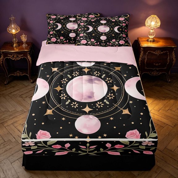 Homewish Bohemian Moon Phase Zipper Twin Comforter Sets with Fitted Sheet and 2 Pillowcases, Pink Flower Blossom Zipper Bedding Set, Pink Reversible