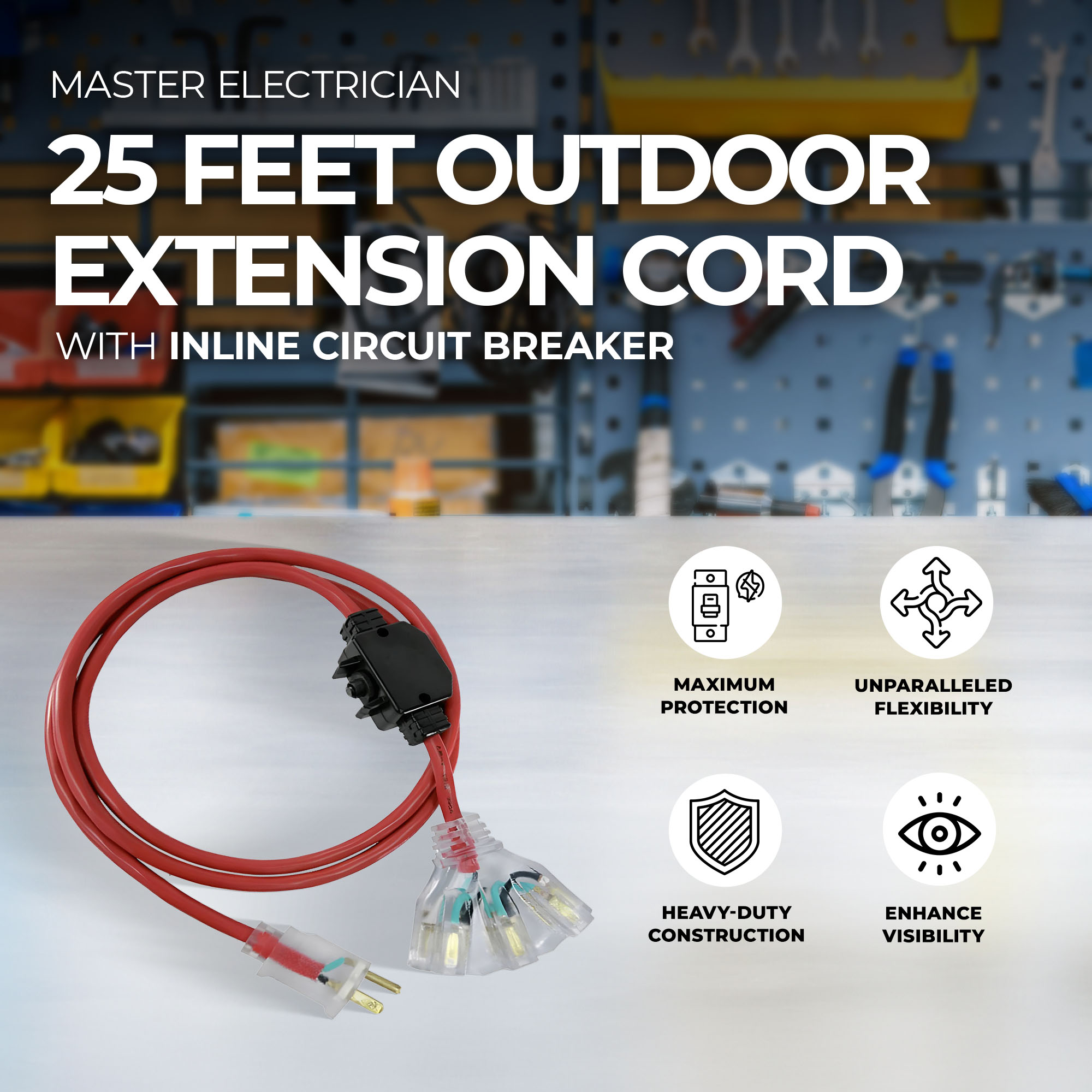 Master Electrician 25 Feet Extension Cord with Fan Tap and Circuit Breaker