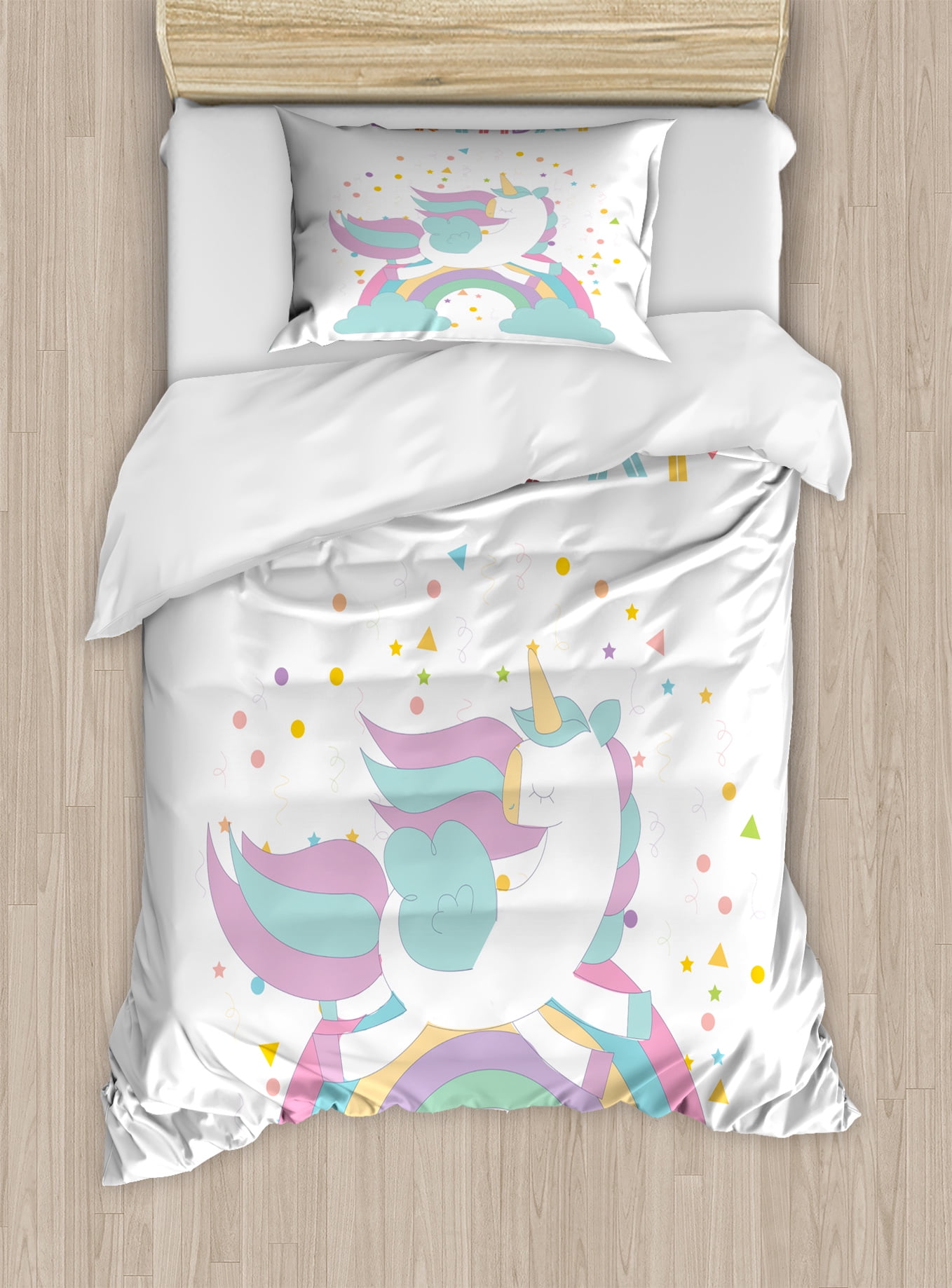 Unicorn Party Twin Size Duvet Cover Set, Mythical Horse Jumping Above the Rainbow Festive Happy