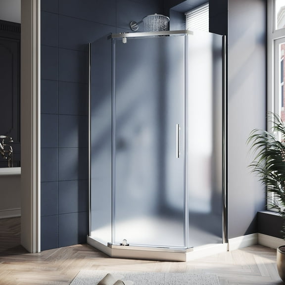 Sunny Shower Neo-angle Shower Enclosure Frameless Corner Shower Door in Chrome Finish with Shower Base