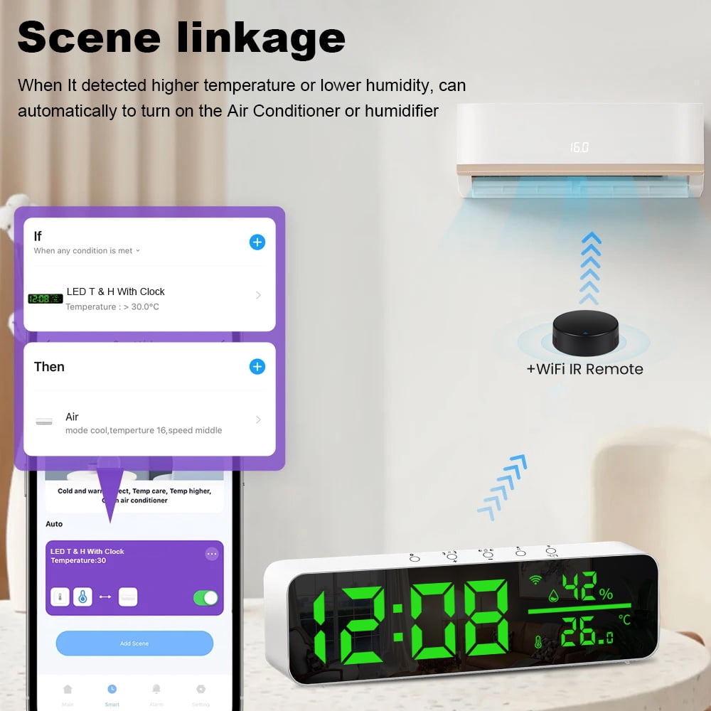 WiFi Digital Clock with Temperature and Humidity Sensor APP Smart Alarm Clock LED Time Display Real-time Monitoring Temp Humidity for Living Room Office Bedroom Decor Indoor Thermometer