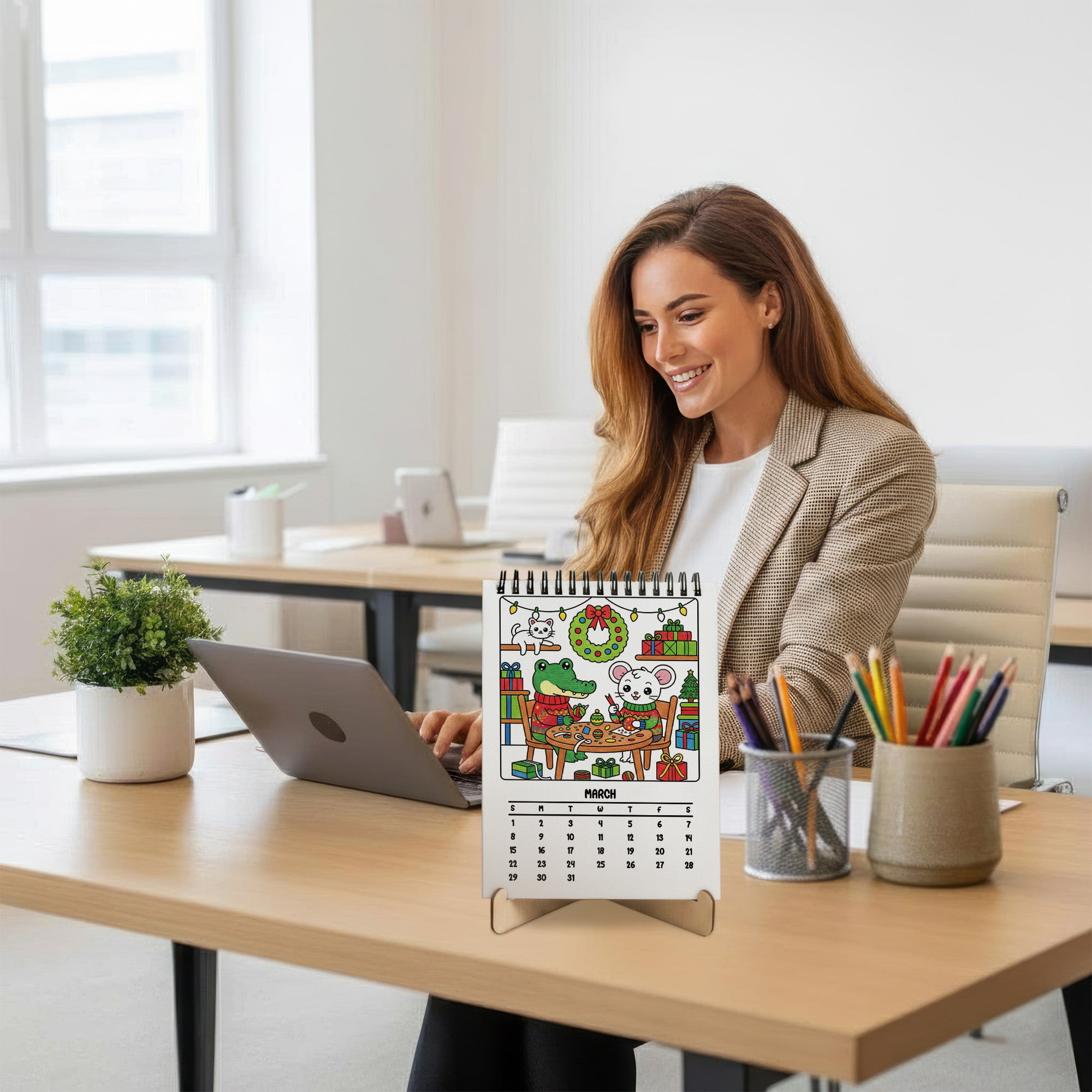 Xmas Corner Coloring Desk Calendar 2026–2027, A5 Wooden Cover Planner with 26 Easy Coloring Pages for Adult Relaxation, 24 Month Desktop Calendar with Stand, Gift for Family & Friends