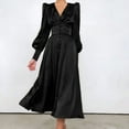 thumbnail image 3 of Elainilye Fashion Wedding Guest Dresses Long Sleeve Satin Soft Dress V-Neck Temperament Slim Lantern Sleeve Dress,Black, 3 of 9
