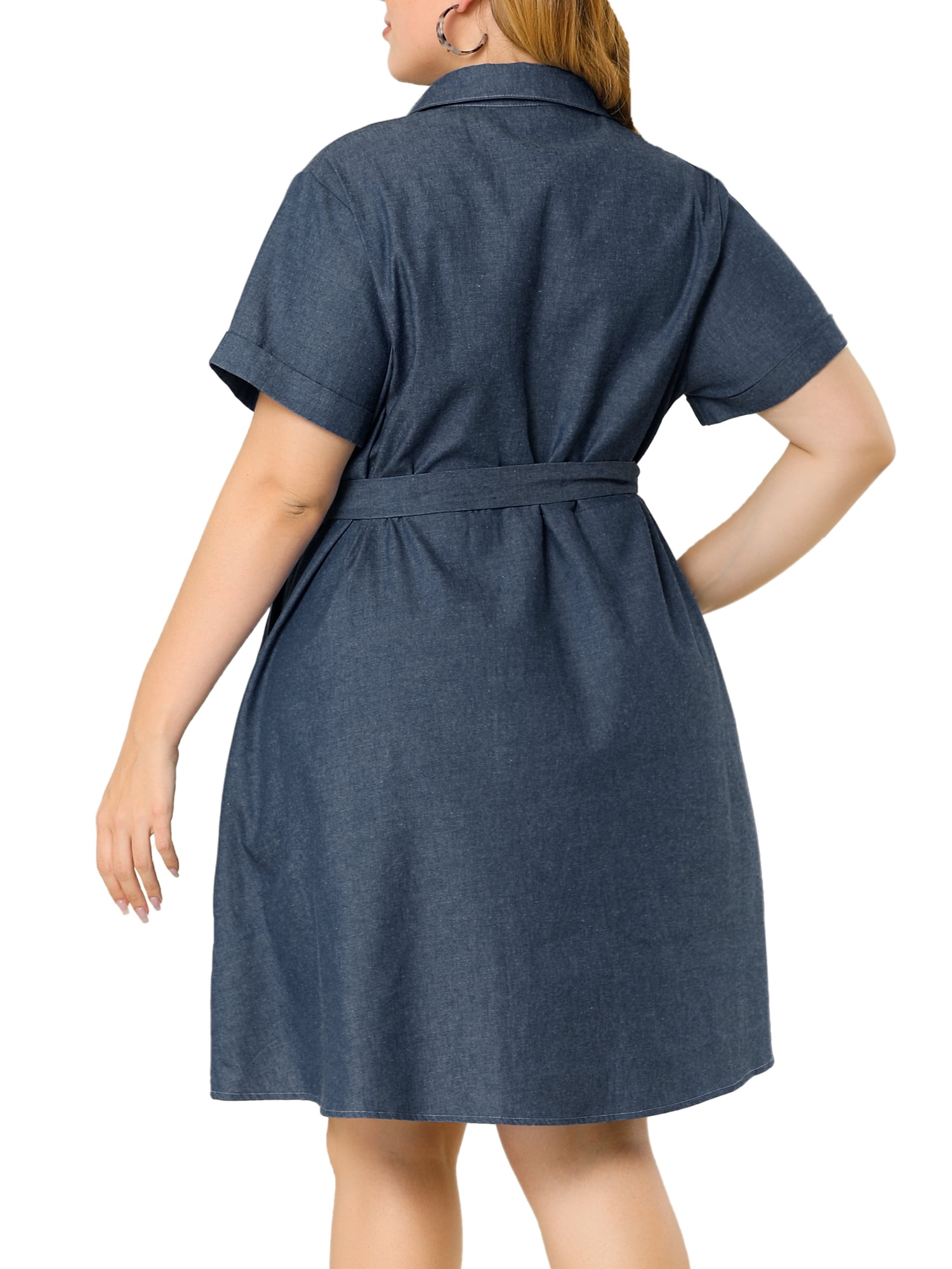 Unique Bargains Women's Plus Wrap Belted Turndown Collar Chambray Dress 3X Dark Blue