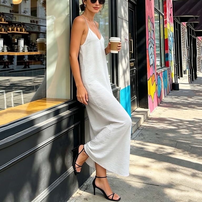 Uscallm Women's Backless Boho Maxi Dress Flowy Solid Casual Beach Vacation Dresses Lightweight Sleeveless V Neck Elastic Waist Summer Sundress, White L