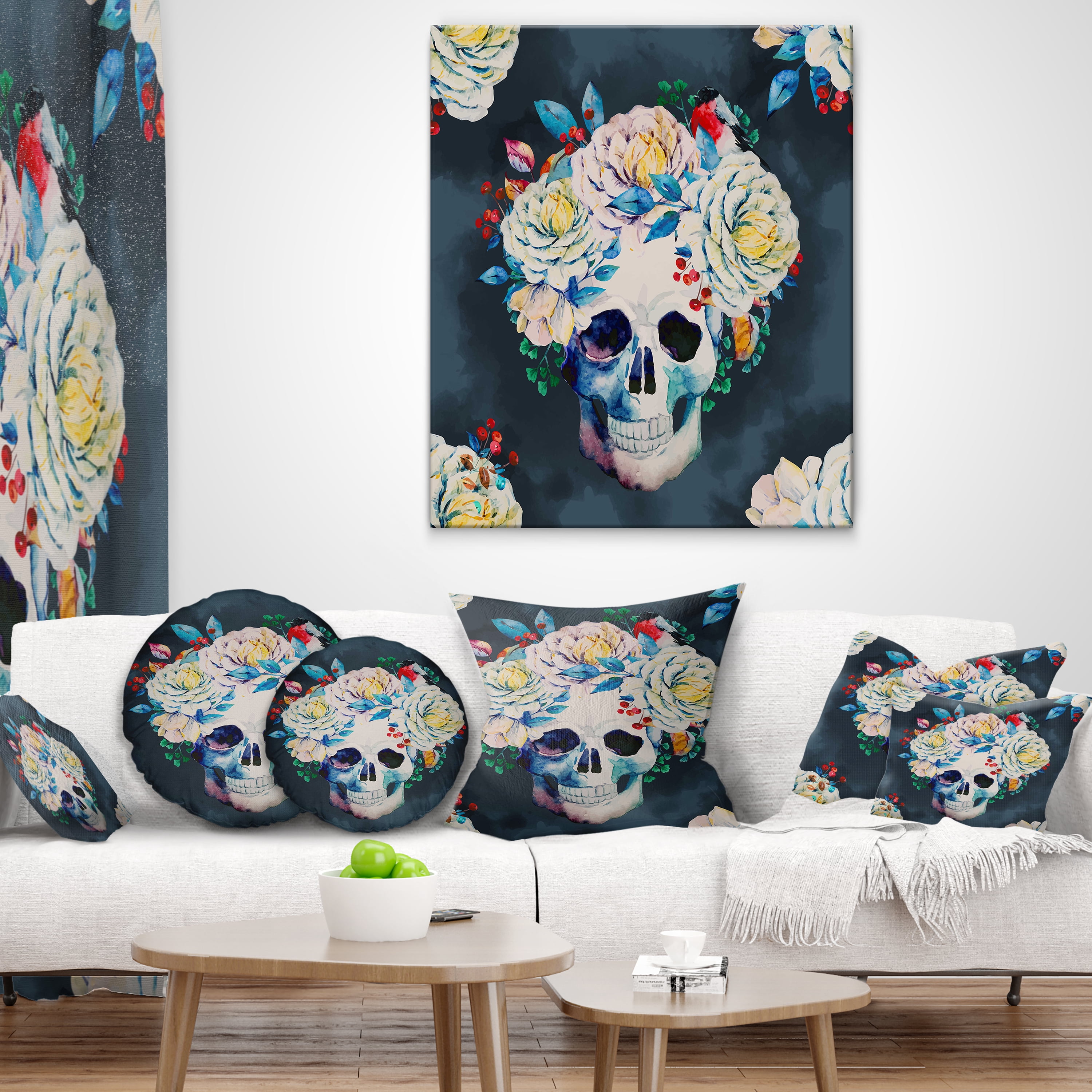 Designart Watercolor Vector Skull - Floral Throw Pillow - 12x20