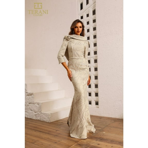 Terani Couture 251m4455 Boat Neck Jacquard Long Sheath Champagne Goldish Beige Dress Silver 22