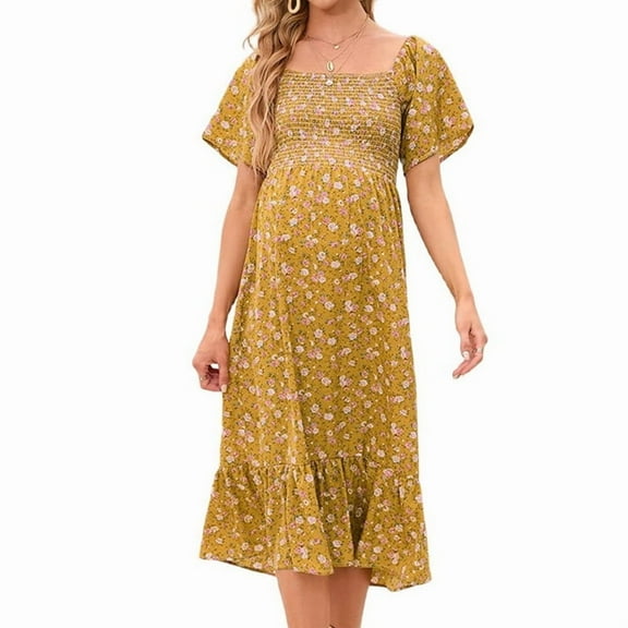 Women'S Chiffon Floral Dresses Casual Summer Boho Flutter Sleeve Flowy Western Dress MY112 Yellow M