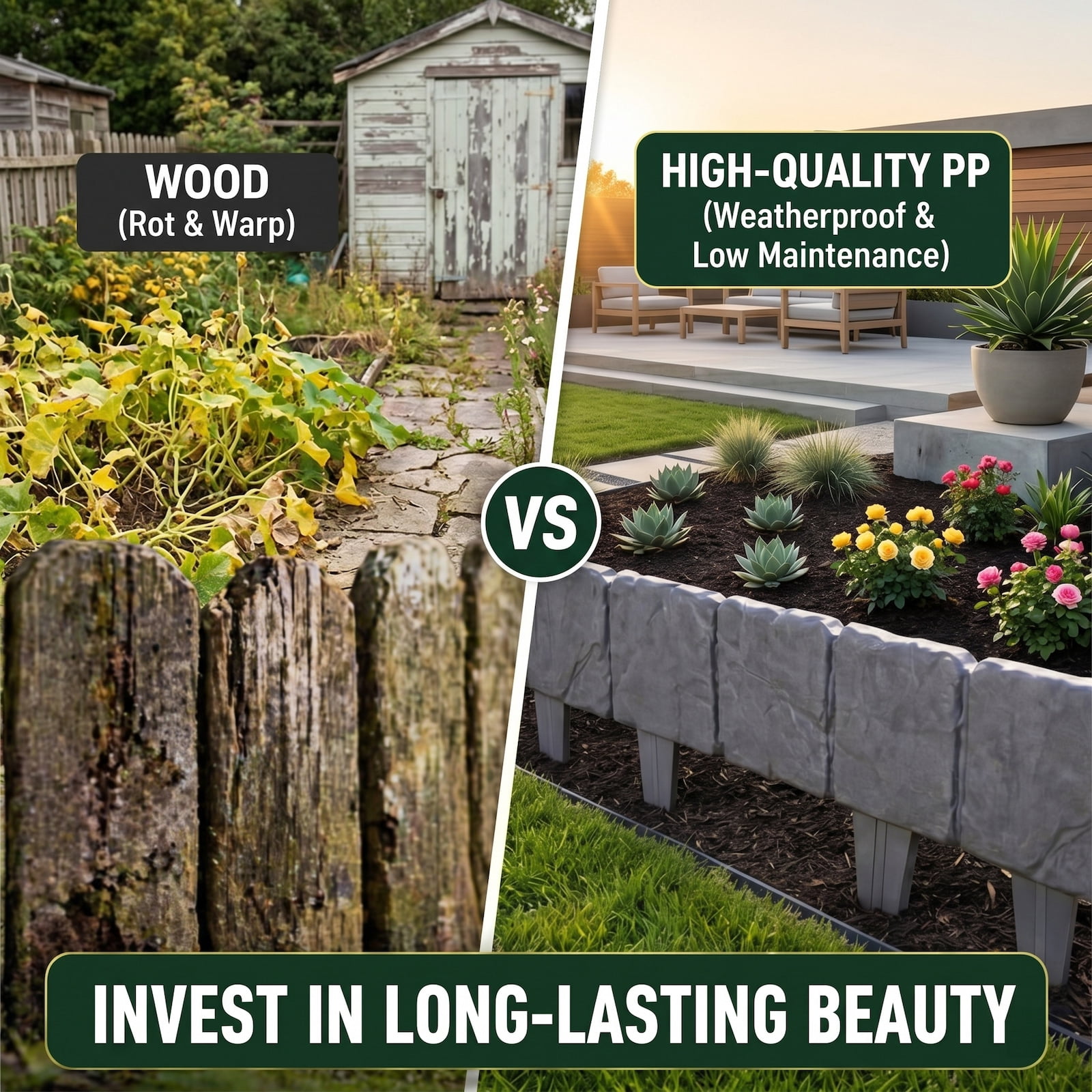 Faux Stone Landscape Edging, No-Dig Plastic Garden Border Fence, Interlocking Lawn Edging for Flower Beds & Pathways