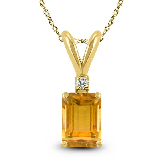SZUL Women's 14K Yellow Gold 7x5MM Emerald Shaped Citrine and Diamond Pendant