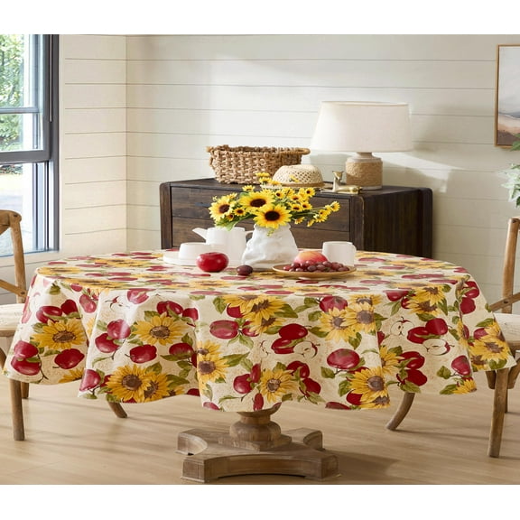 Daybreak Red Apples and Sunflowers 60 x 84 Inch Oval Vinyl Tablecloth with Flannel Backing