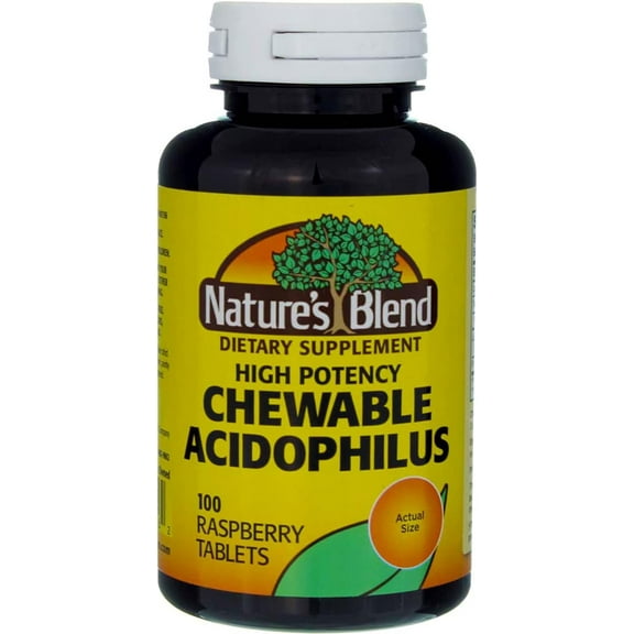 Nature's Blend Acidophilus Chewable Raspberry Flavor Supplement - Daily Probiotic Supports Gut, Immune Health, & Digestive System - Provides Ease in Bloating - Gluten-Free - 100 Tablets - Pack of 3