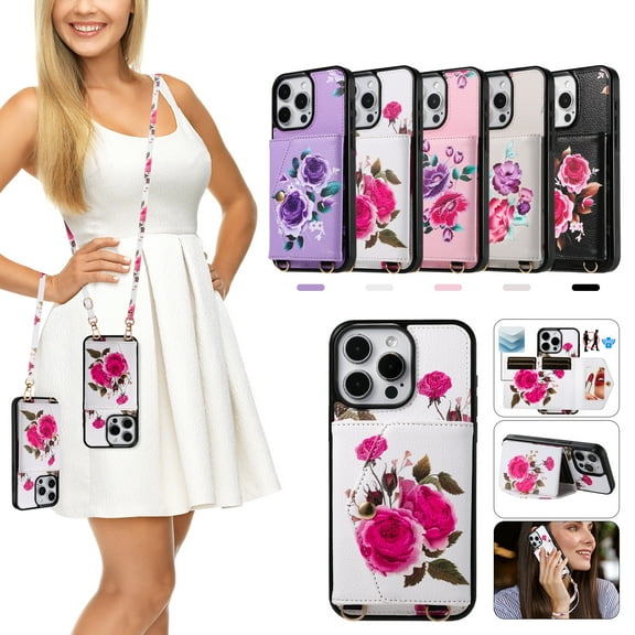 iPhone 15 Pro Case Wallet for Women Girls, Floral Case with Cards Holder & Makeup Mirror Hand Wrist Crossybody Shoulder Strap RFID Blocking Purse Cover Case for Apple iPhone 15 Pro,White