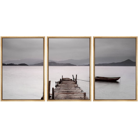 wall26 Framed Canvas Print Wall Art Set Mountain Range Seascape with Pier & Boat Nature Wilderness Photography Modern Art Contemporary Ultra for Living Room, Bedroom, Office - 16"x24"x3