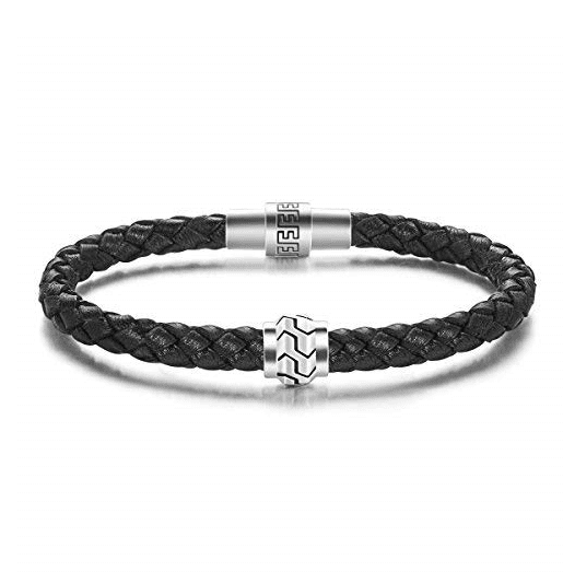 Carleen Freedom 925 Sterling Silver Genuine Mens Leather Bracelet Black Spinel Braided Rope Energy Charm Push Button Locking Clasp 