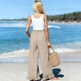 thumbnail image 4 of Linen Pants Women Flowy Ruffle Hem Wide Leg Palazzo Pants with Patch Pockets Casual Ruched Waist Summer Vacation Pant Khaki XL, 4 of 8